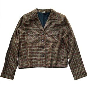 Erika Brooke Tweed Plaid Shimmer Cropped Buttoned Jacket Olive Black Tan Size M